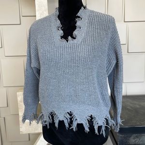 Sweater top shirt gray cropped distressed raw edge V neck 3/4 sleeve Size Small